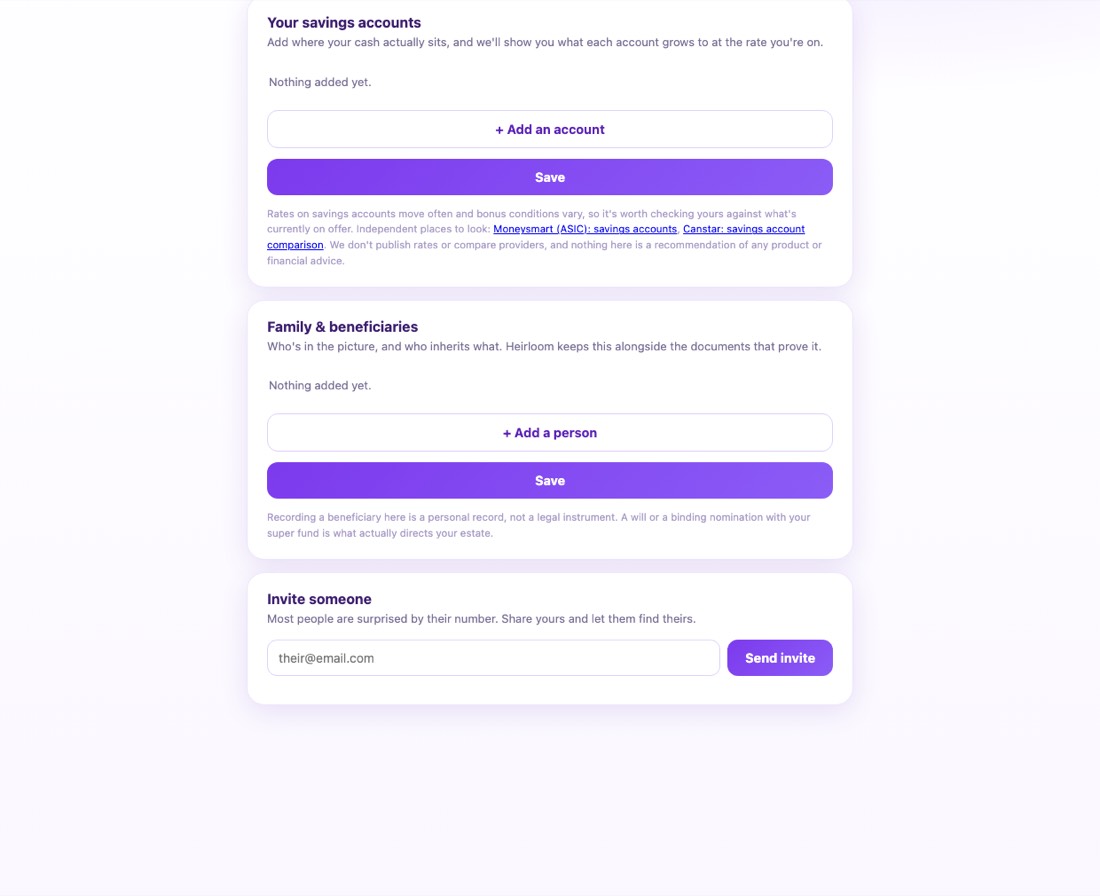 The Plan page: a superannuation projection and savings accounts